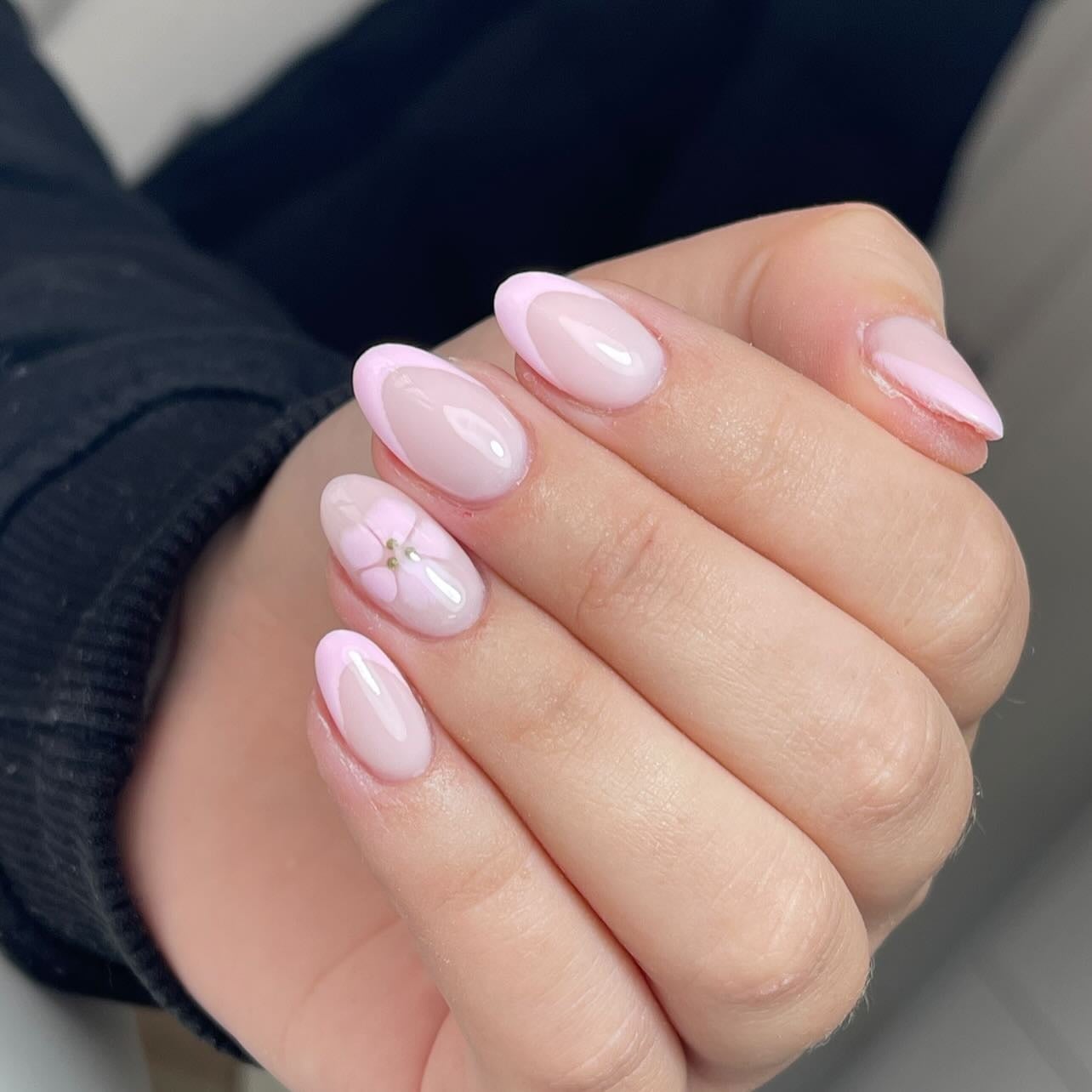 Sheer Nude Pink French with Flower Accent — Pink Almond Nails