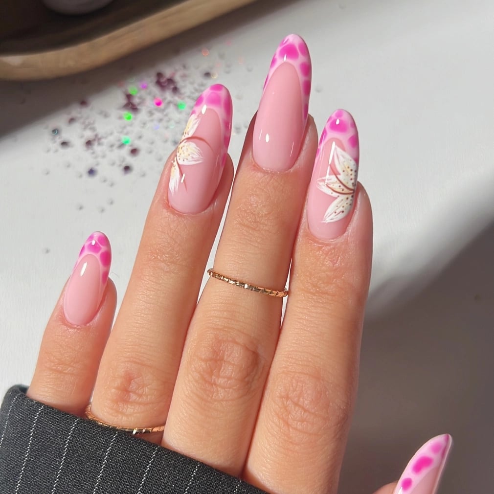 Long Pink French Tip with Floral Motifs — Pink Almond Nails