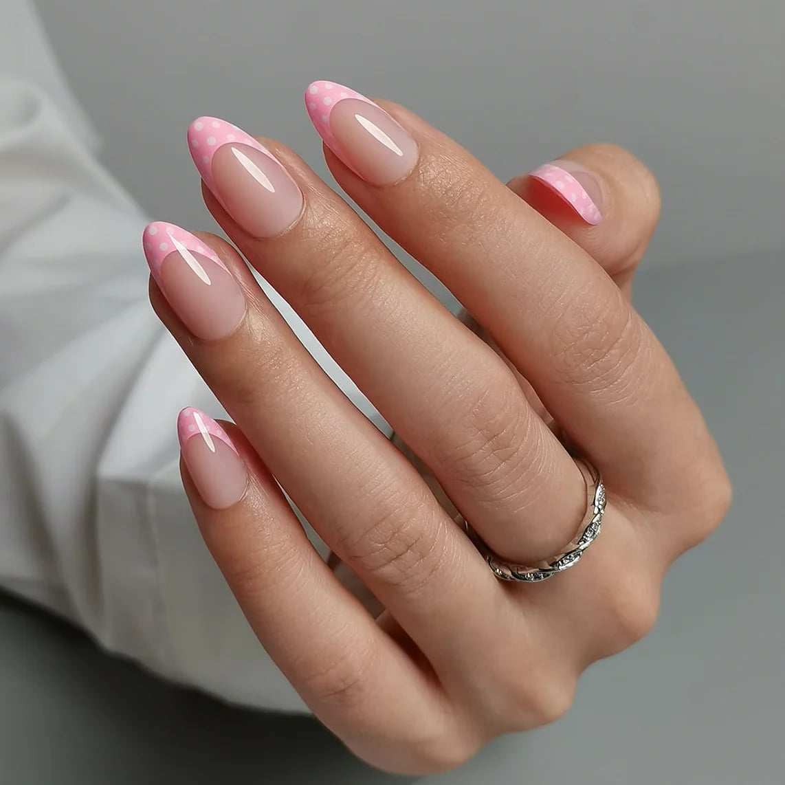 Medium Almond French Tips with White Polka Dots — Pink Almond Nails
