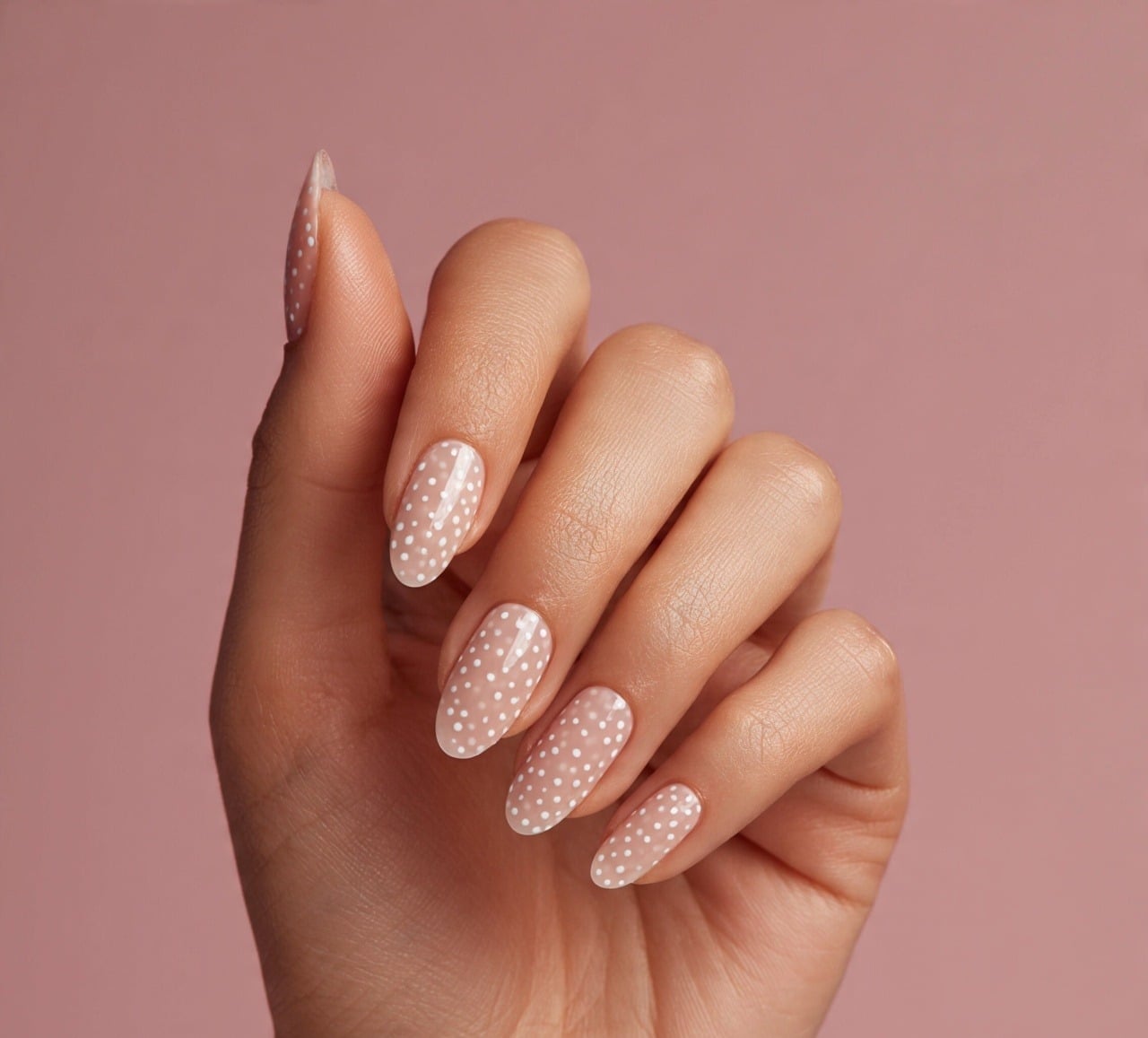 Nude Almond Nails with White Polka Dots — Pink Almond Nails