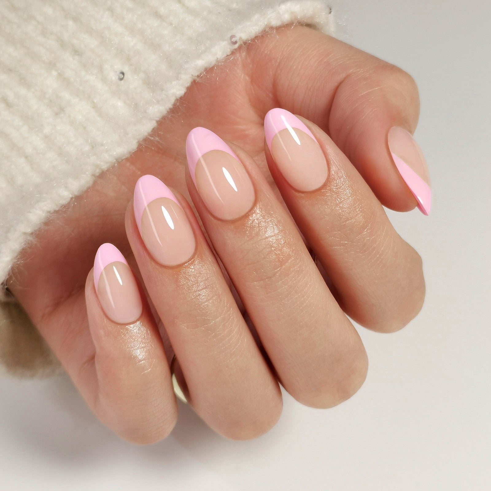 Short Nude Almond French Manicure — Pink Almond Nails