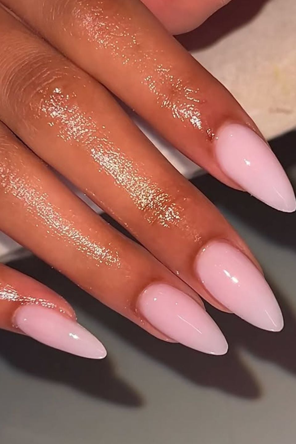 Long Sheer Pale Pink Glossy Almond Nails — Pink Almond Nails
