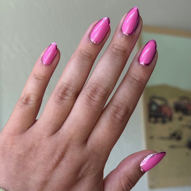 Vibrant Pink Almond Nails with Chrome Outline