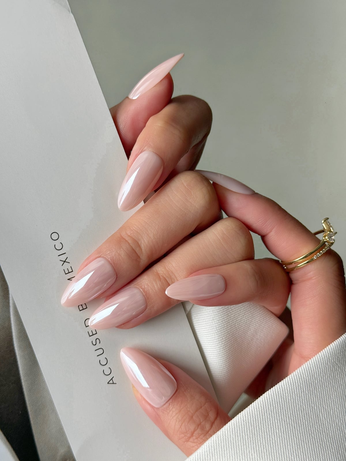 Sheer Pearlescent Pink Glossy Almond Nails — Pink Almond Nails