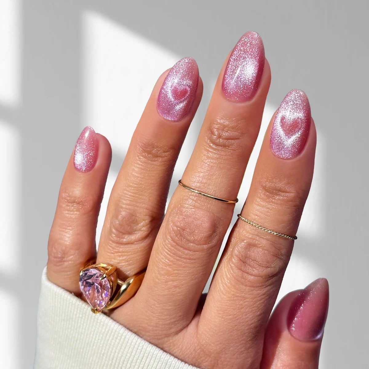 Pale Pink Cat Eye Almond Nails with Hearts — Pink Almond Nails