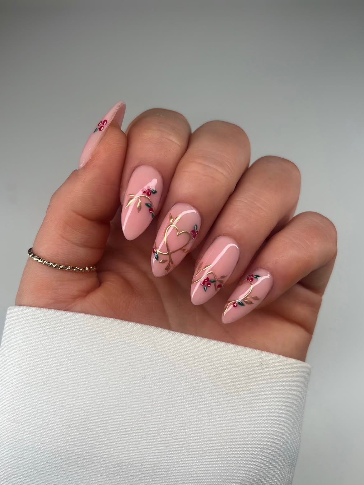 Pink Almond Nails with Gold Twigs and Berries