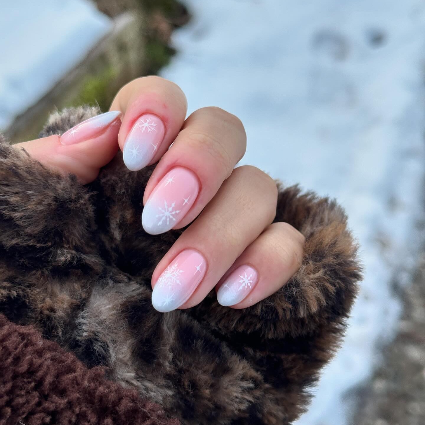 Pink and White Ombre Snowflake Almond Nails