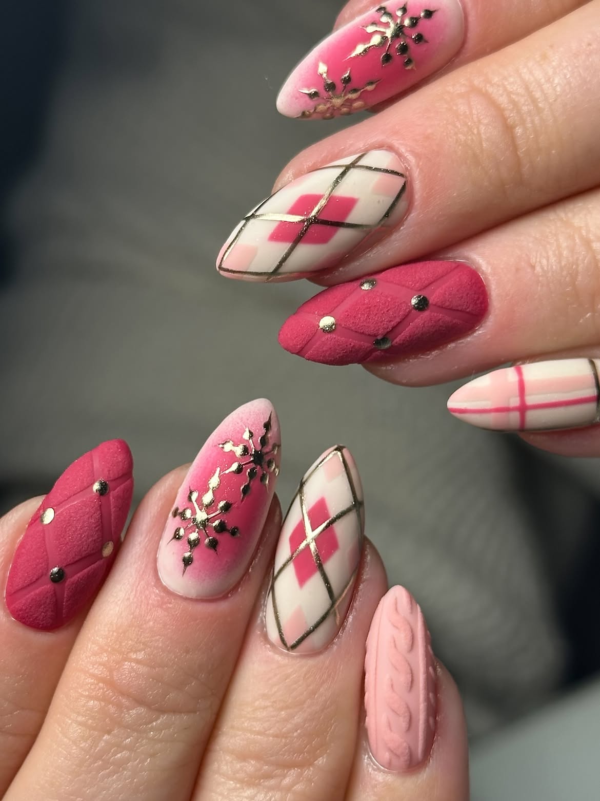 Pink Argyle Snowflake Sweater Nail Art
