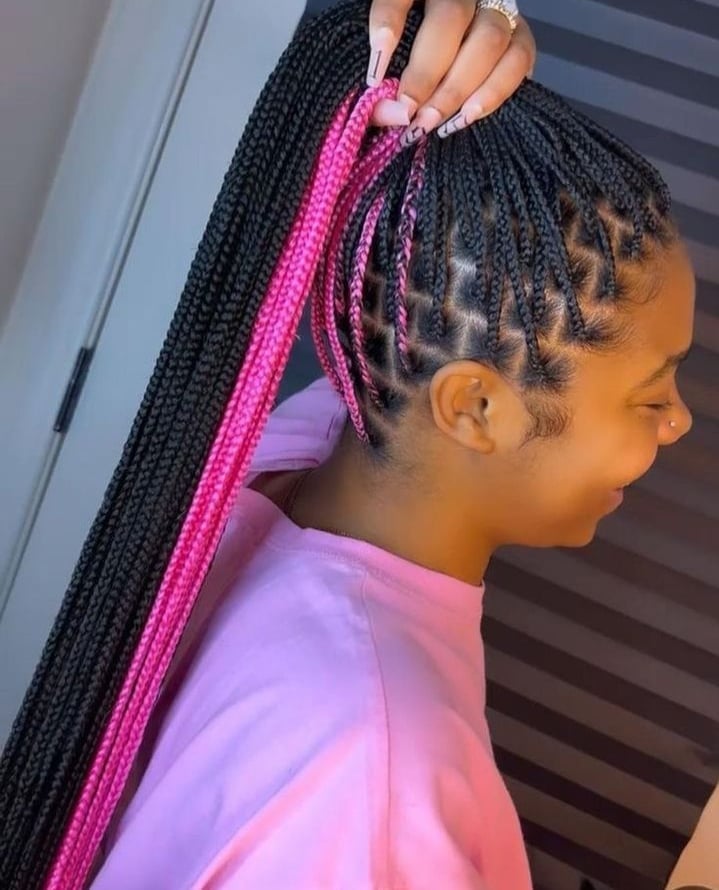 Box Braids Ponytail With Pink Highlights — Pink Braids