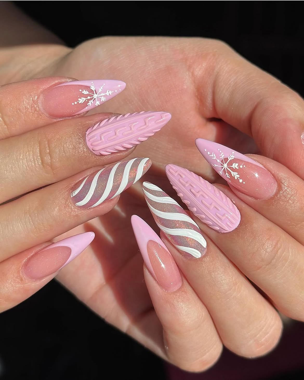 Pink Cable Knit French Tip Snowflake Nails
