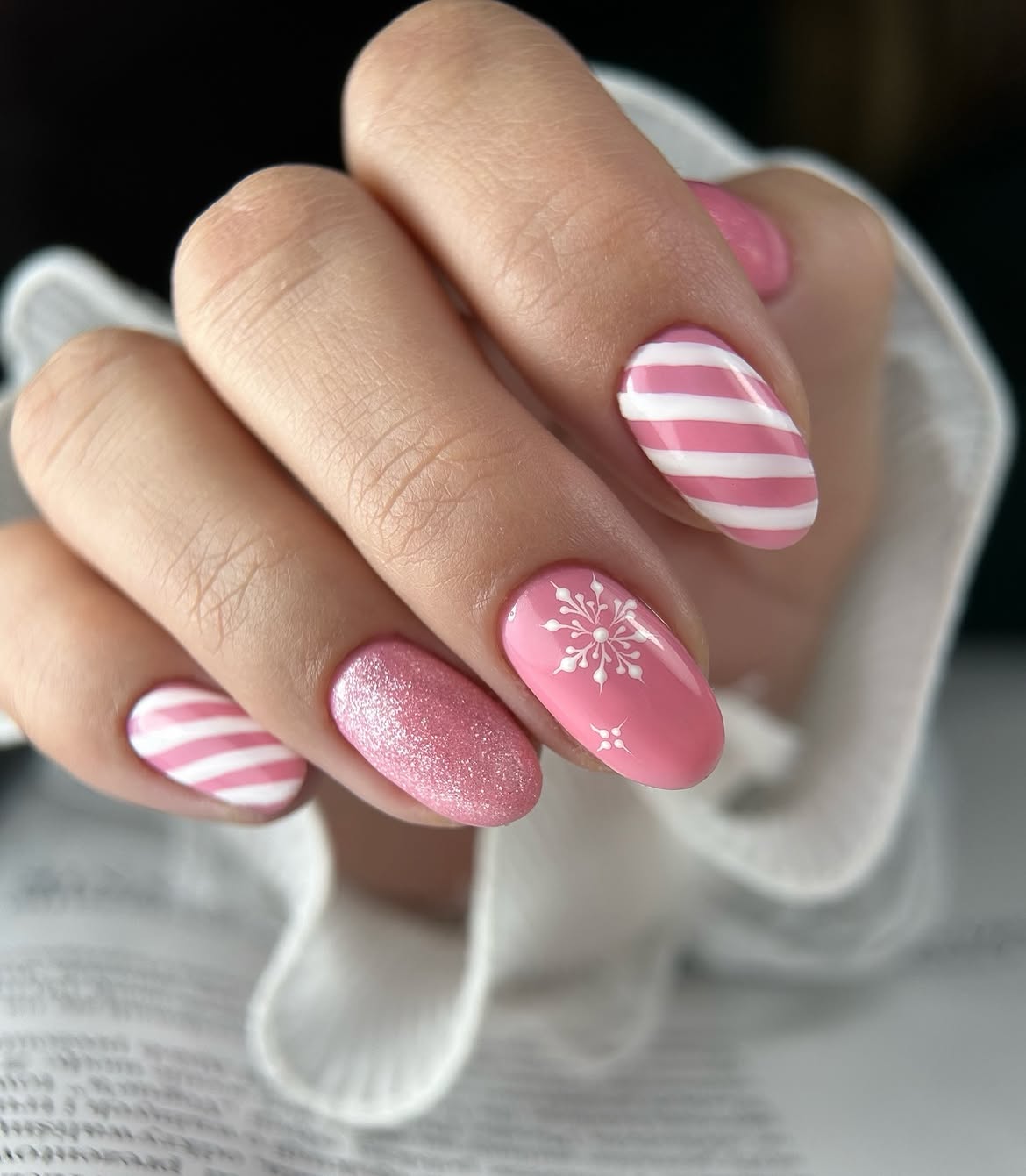 Pink Candy Cane Snowflake Oval Nails