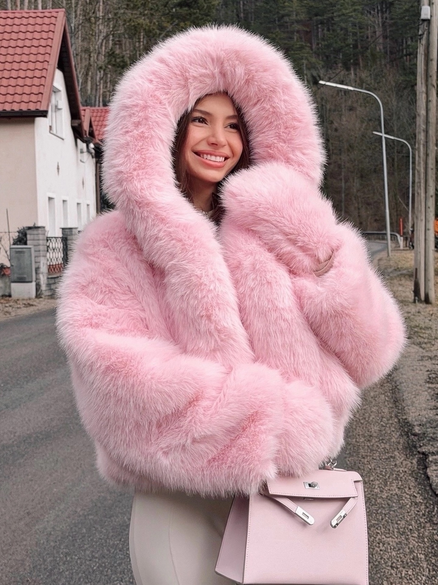 Pink Faux Fur Coat And Cream Skirt Birthday Look