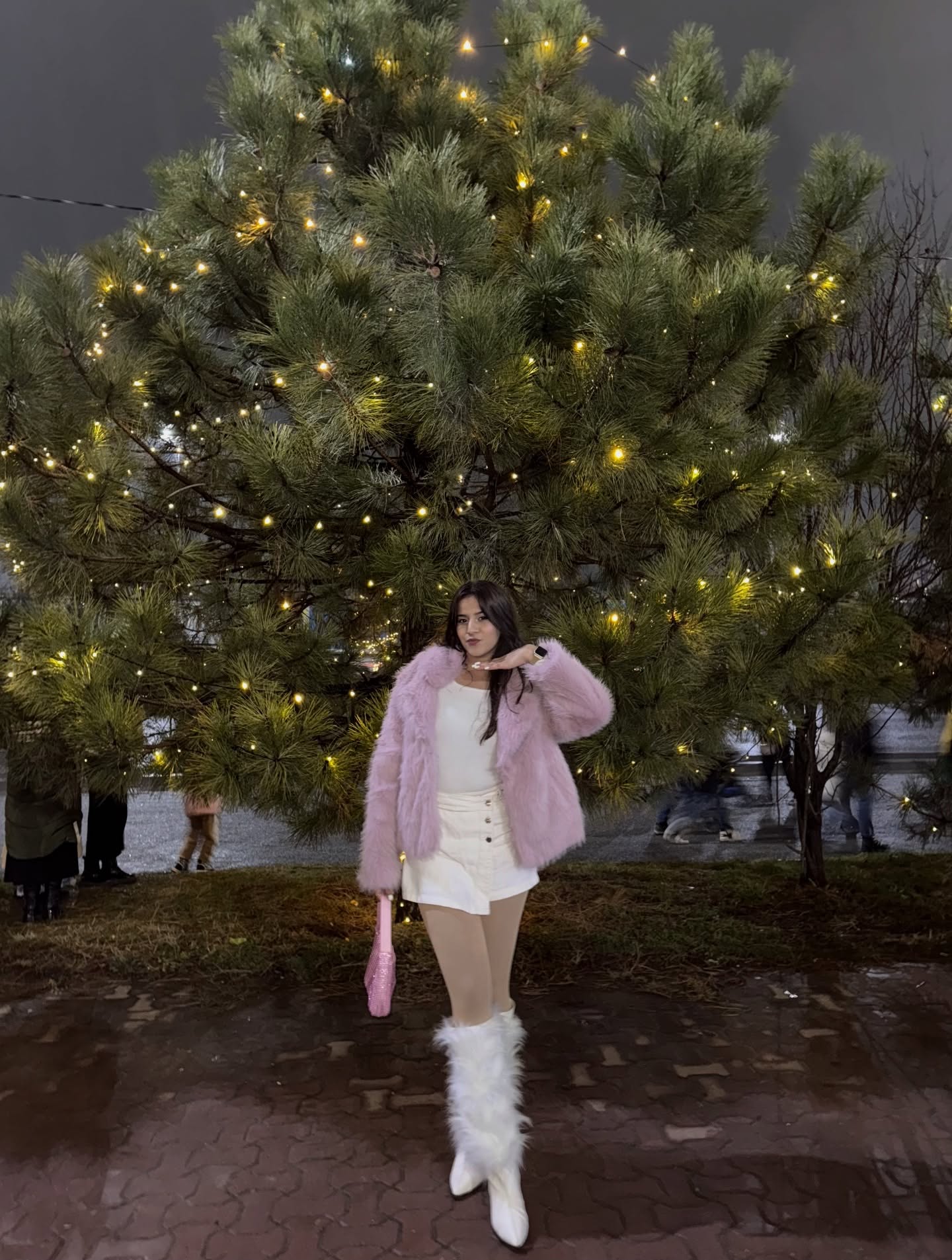 Pink Faux Fur Coat With White Mini Skirt