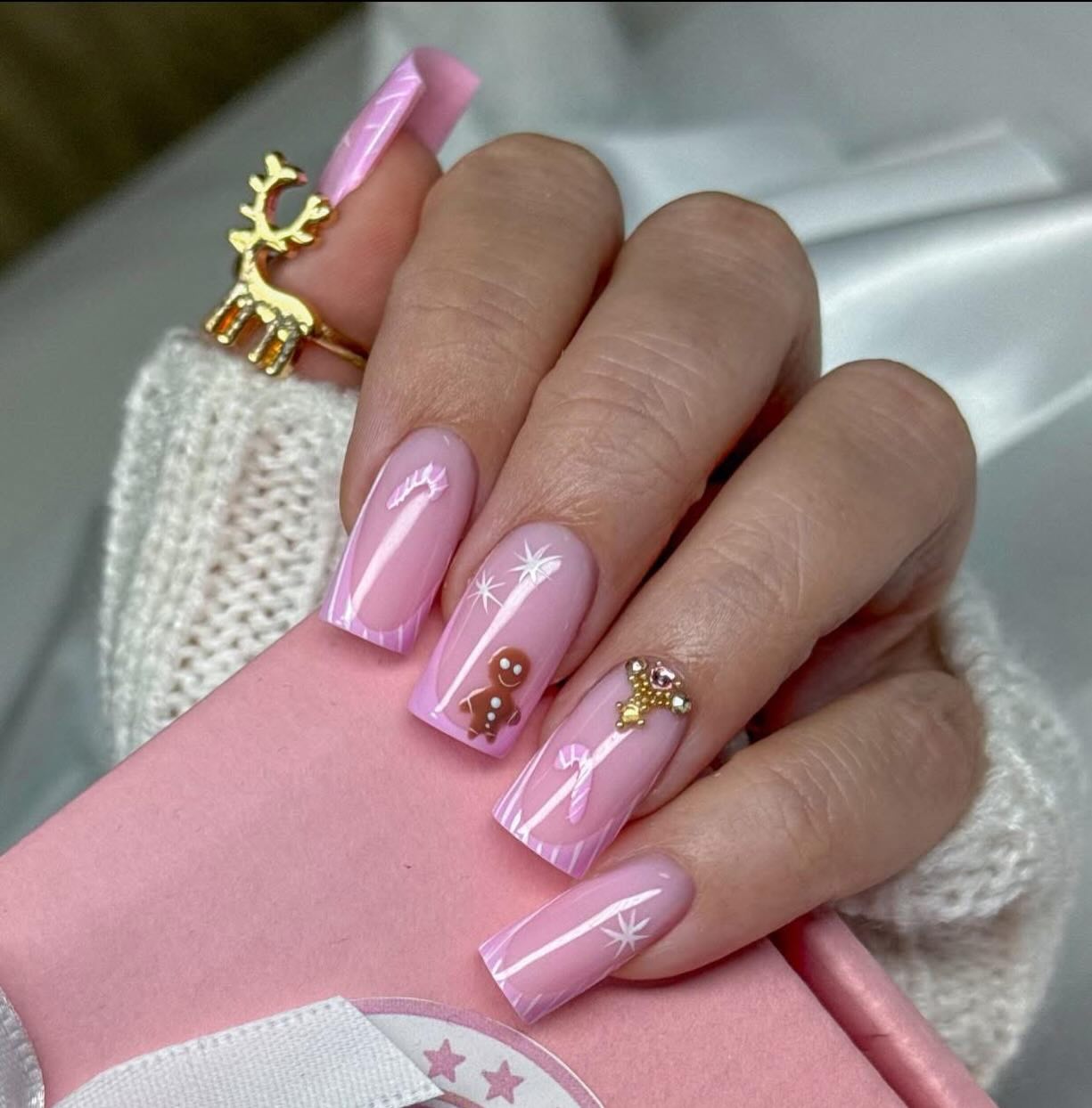 Pink Gingerbread French Tip Coffin Nails