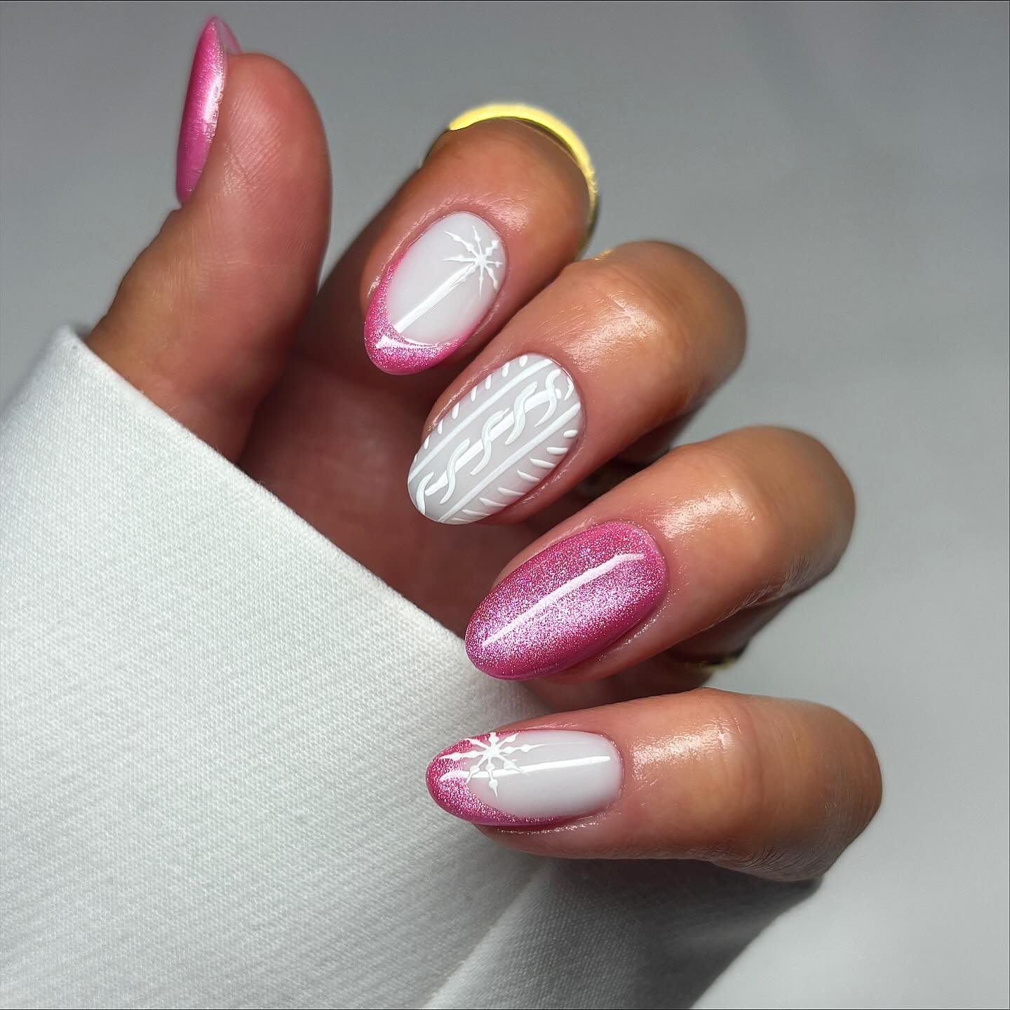 Pink Glitter French Tip Snowflake Nails