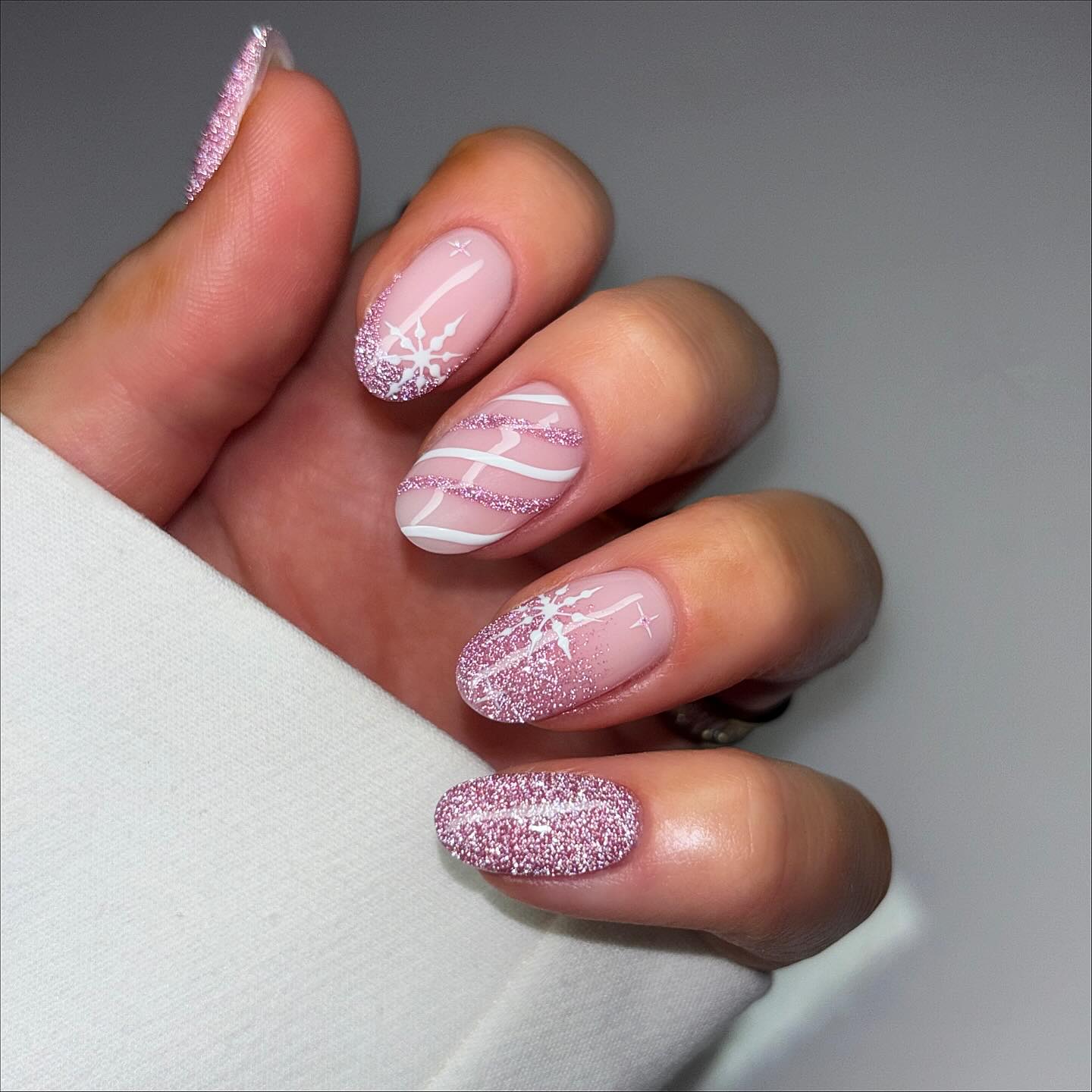Pink Glitter Snowflake Oval Nails