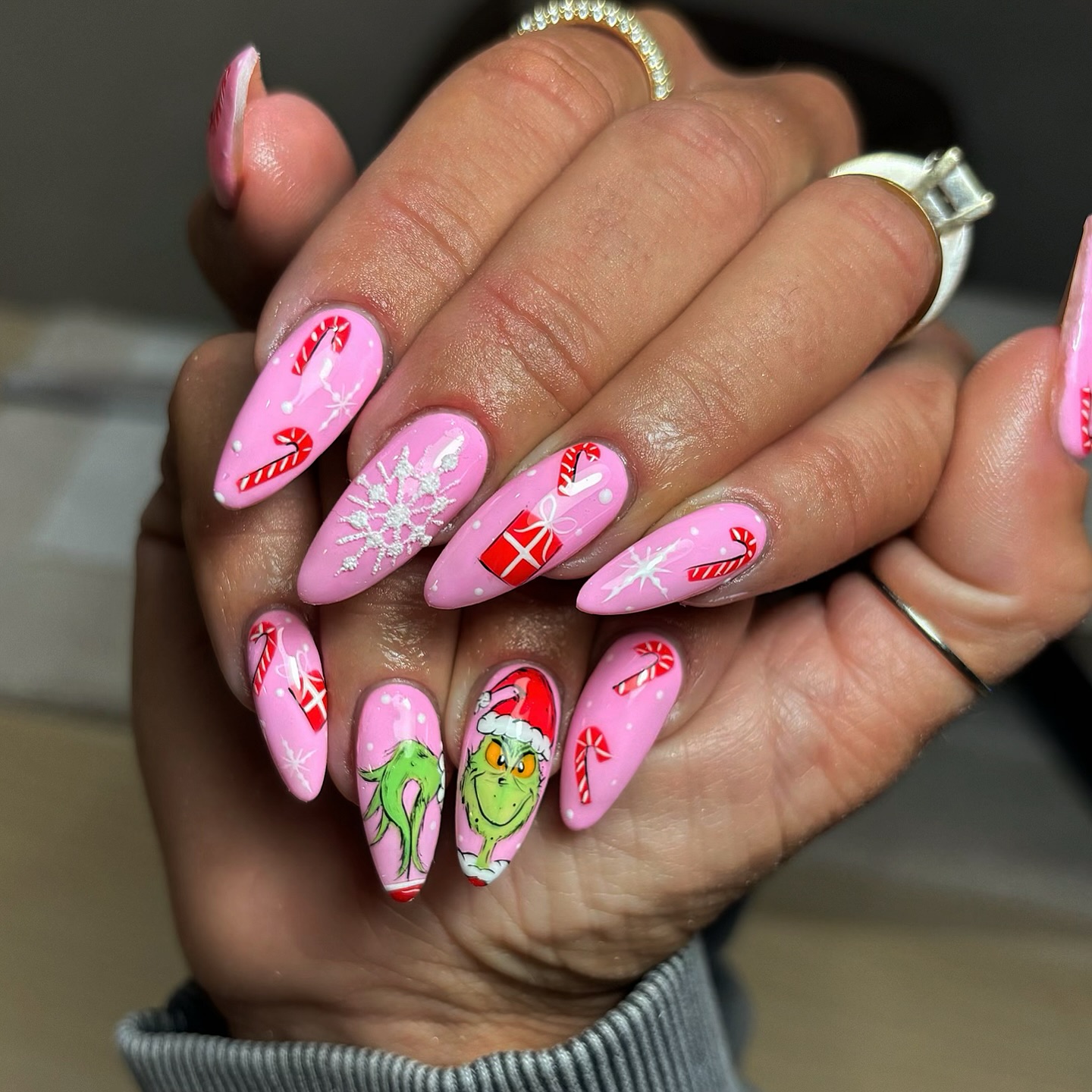 Pink Grinchmas Candy Cane Nail Art Designs