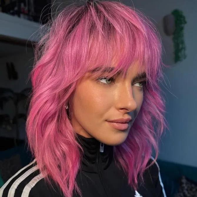 Vibrant Hot Pink Collarbone Shag Vibrant Hot Pink Collarbone Shag — Pink Hair Color