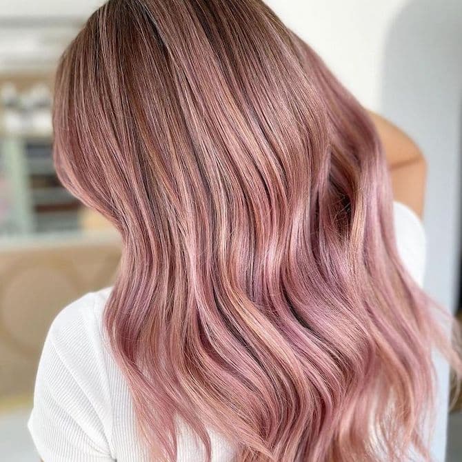 Rose Gold Pink Balayage With Darker Roots Rose Gold Pink Balayage With Darker Roots — Pink Hair Color