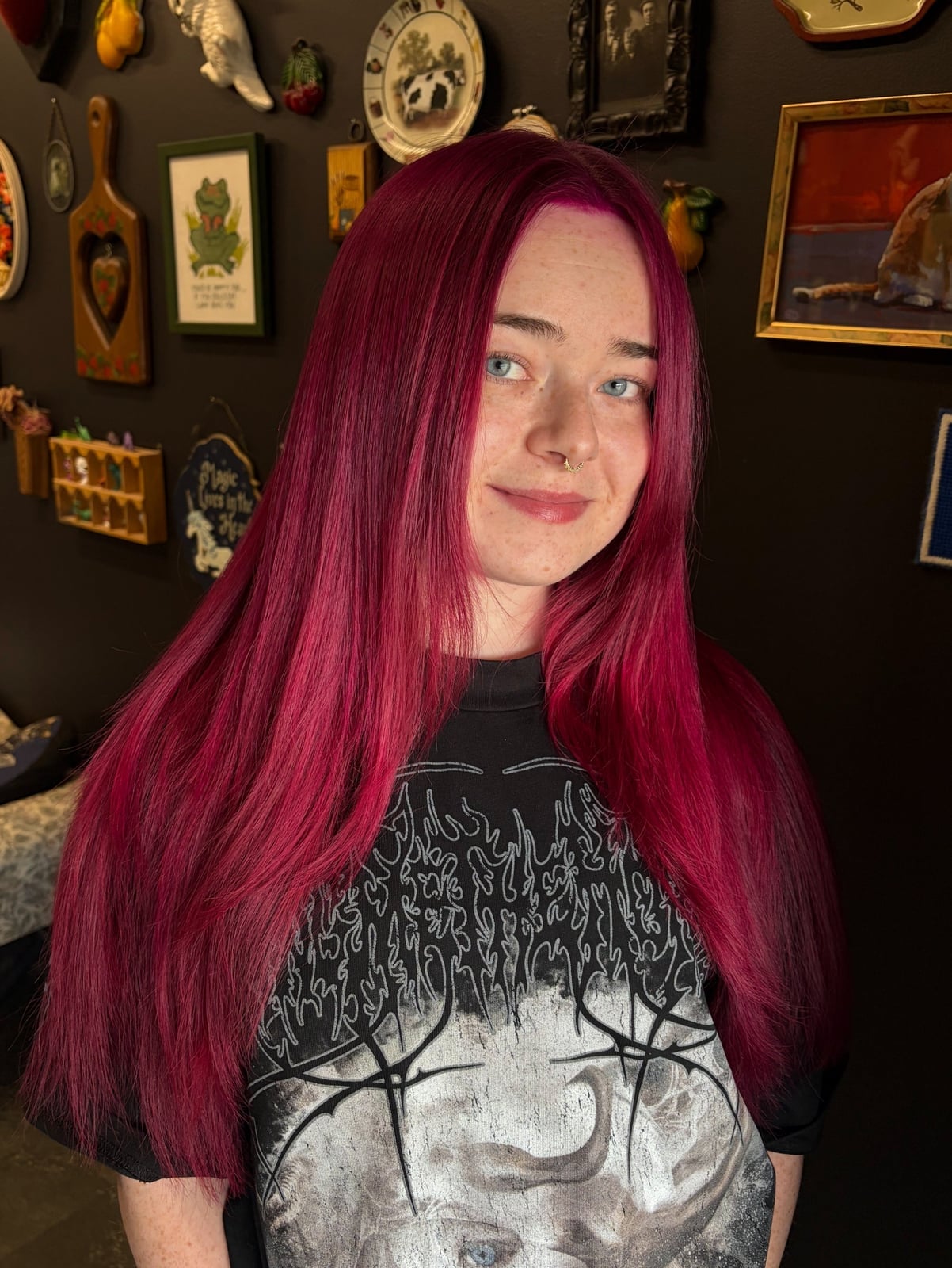 Dark Pink Mid-Back Long Layers Dark Pink Mid-Back Long Layers — Pink Hair Color