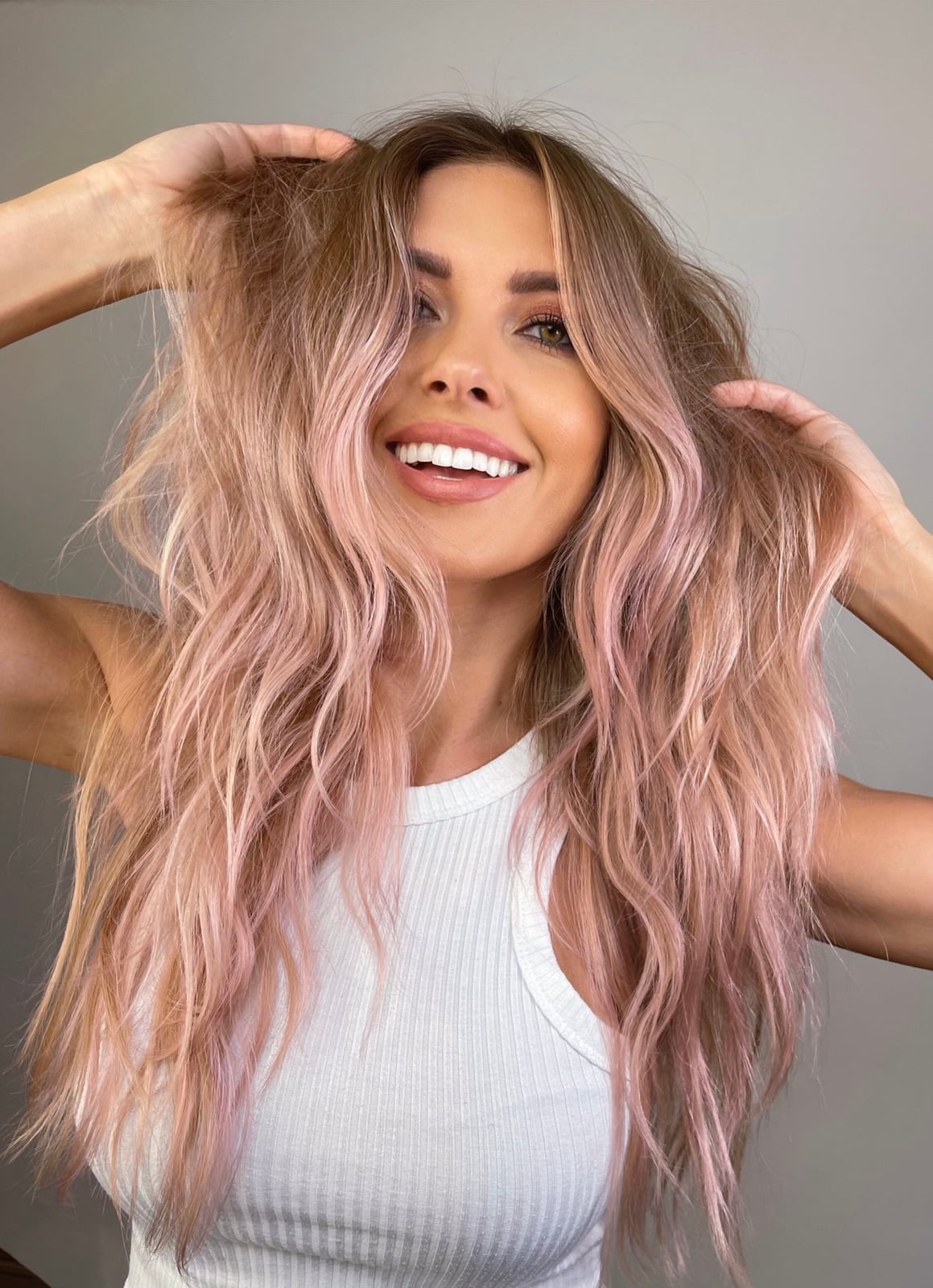 Rose Gold Pink Base With Blonde Highlights, Mid-Back Rose Gold Pink Base With Blonde Highlights, Mid-Back — Pink Hair Color