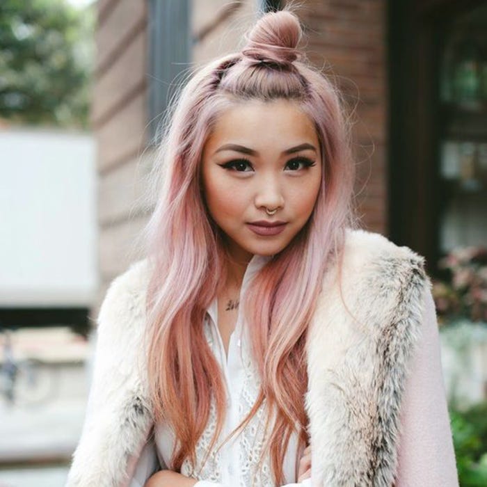 Rose Gold Pink Half-Up Top Knot Rose Gold Pink Half-Up Top Knot — Pink Hair Color