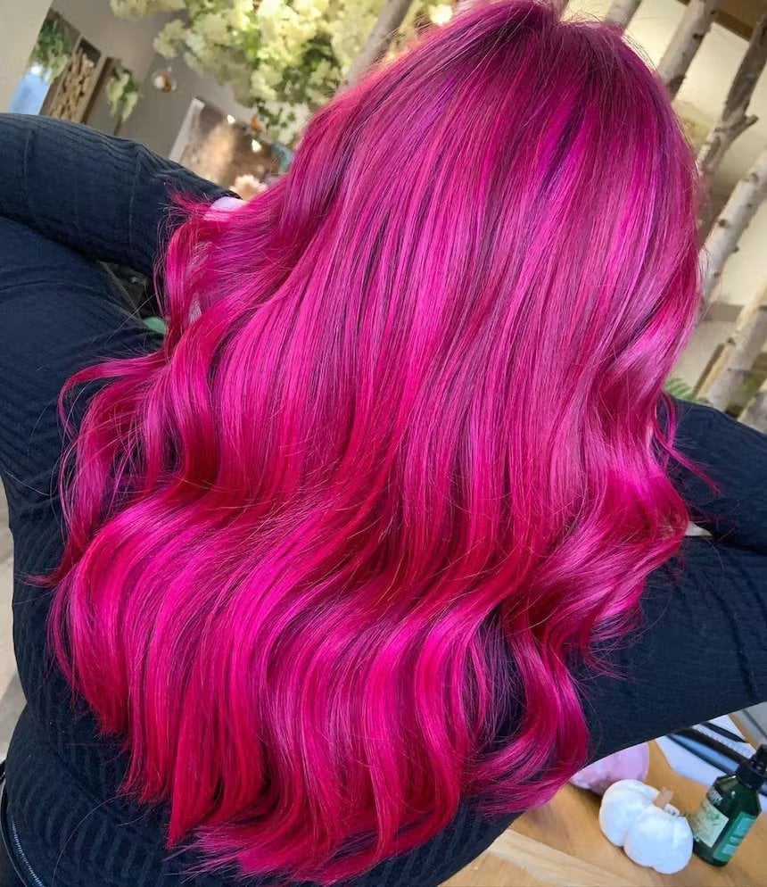 Vivid Pink Ombré Mid-Back Waves Vivid Pink Ombré Mid-Back Waves — Pink Hair Color