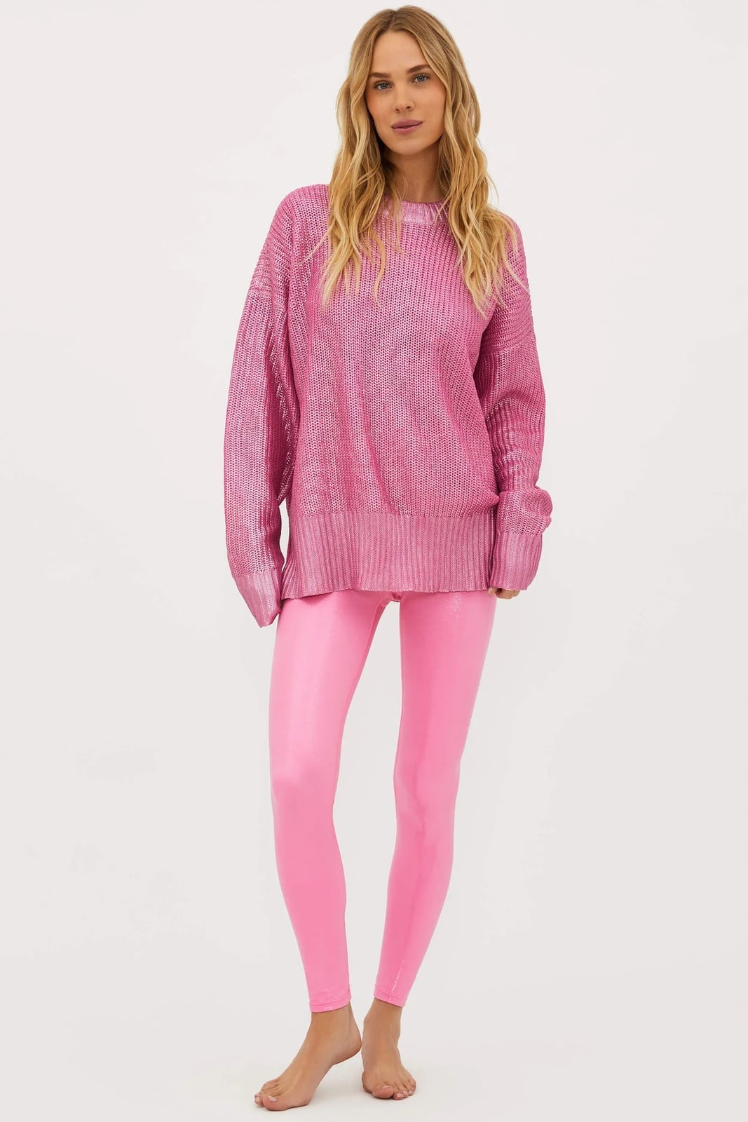 Pink Leggings With Metallic Knit Sweater and Suitable For Casual Wear Pink Leggings Outfit