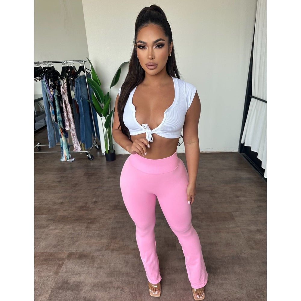 Bright Pink Flared Leggings With Tie Front Top Bright Pink Flared Leggings With Tie Front Top — Pink Leggings Outfit