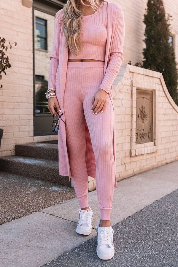 Pale Pink Ribbed Knit Set With Cardigan Pale Pink Ribbed Knit Set With Cardigan — Pink Leggings Outfit