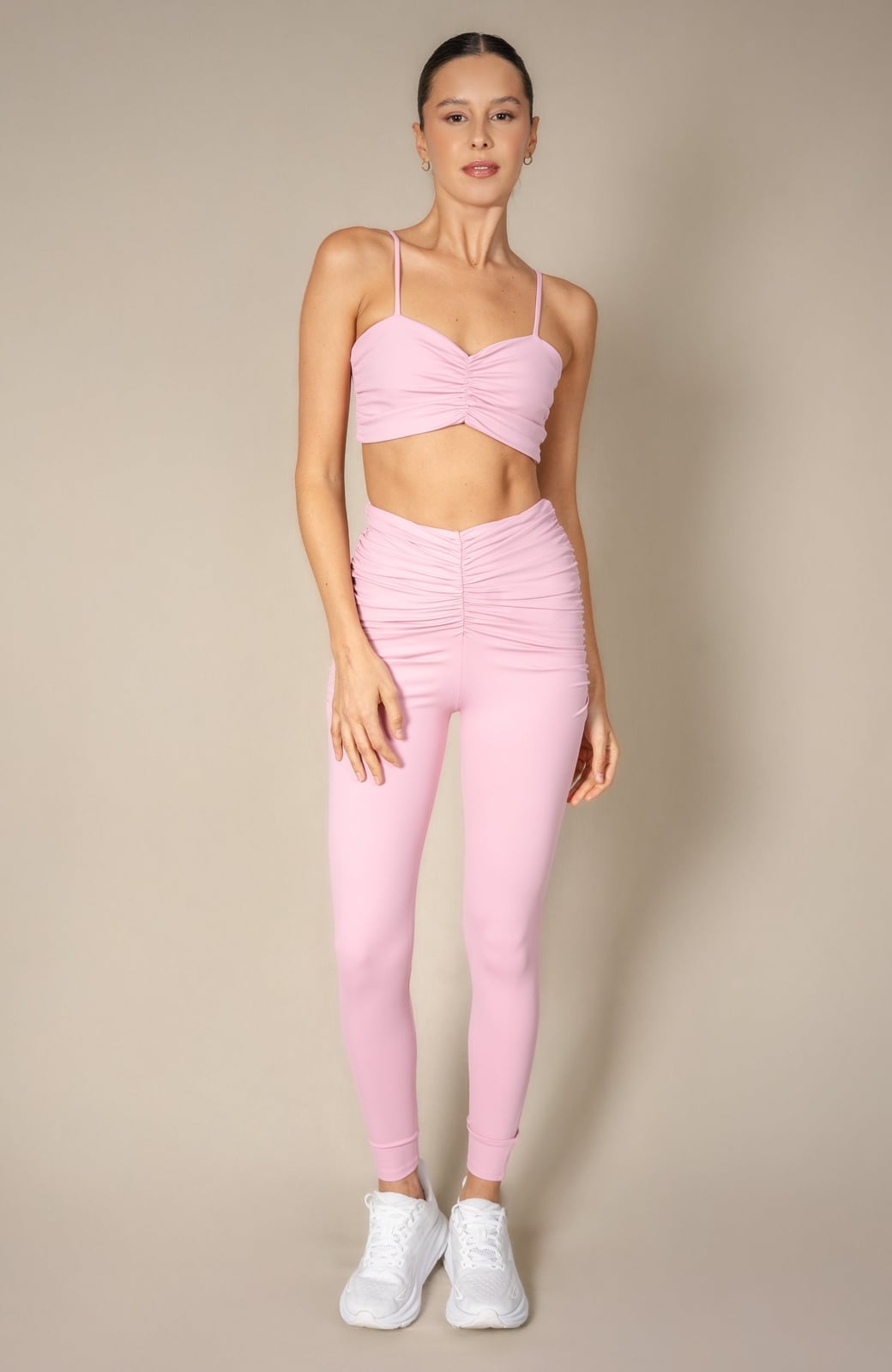 Light Pink Ruched Athleisure Outfit Light Pink Ruched Athleisure Outfit — Pink Leggings Outfit