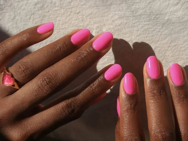 Short Oval Nails In Vibrant Hot Pink — Pink Nail Colors