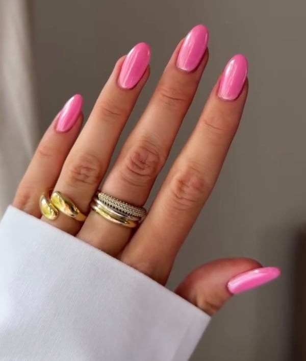 Medium Almond Nails In Bright Glossy Pink — Pink Nail Colors