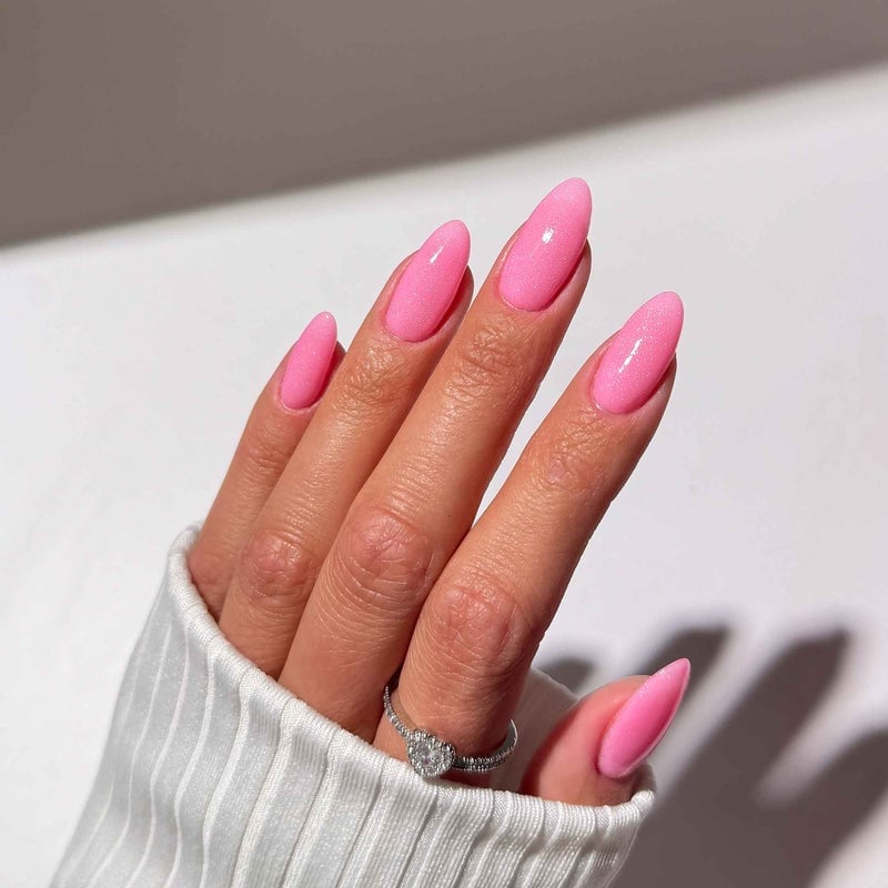 Long Almond Nails With Light Pink Shimmer — Pink Nail Colors