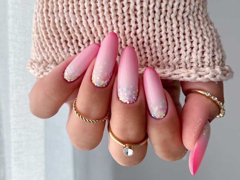 Long Almond Nails With Glitter Confetti Ombre — Pink Nail Colors
