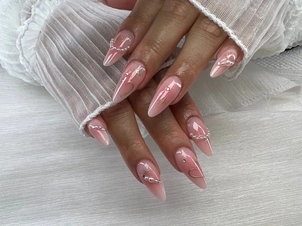 Long Stiletto Nails With Pearl Charms — Pink Nail Colors