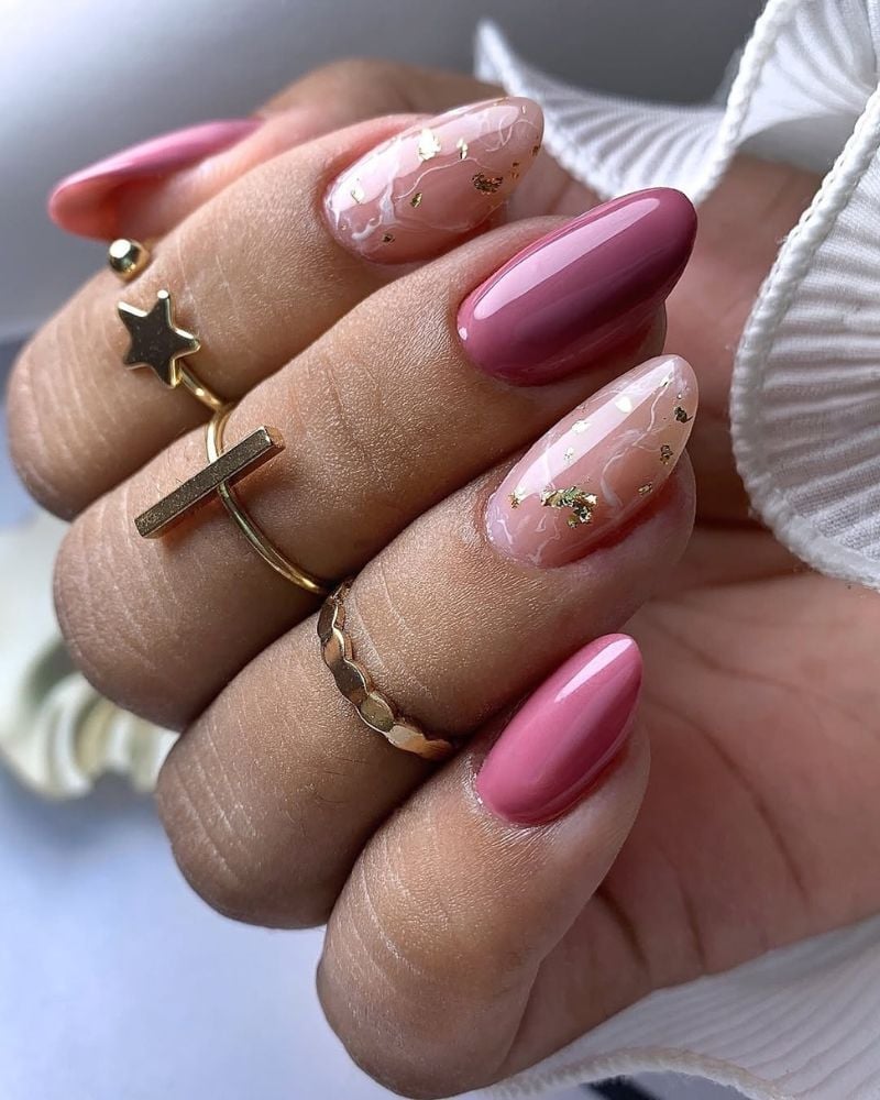 Medium Almond Nails With Marble And Gold Foil — Pink Nail Colors
