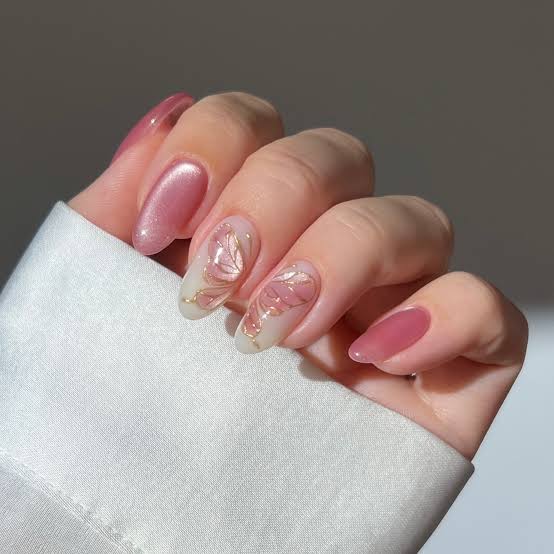 Medium Almond Nails With Floral Art And Gold Foil — Pink Nail Colors