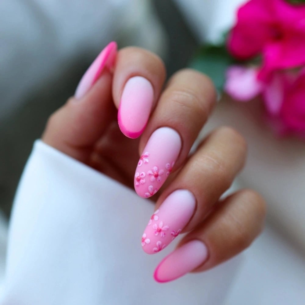 Medium Almond Nails With Pink Gradient And Flowers — Pink Nail Colors
