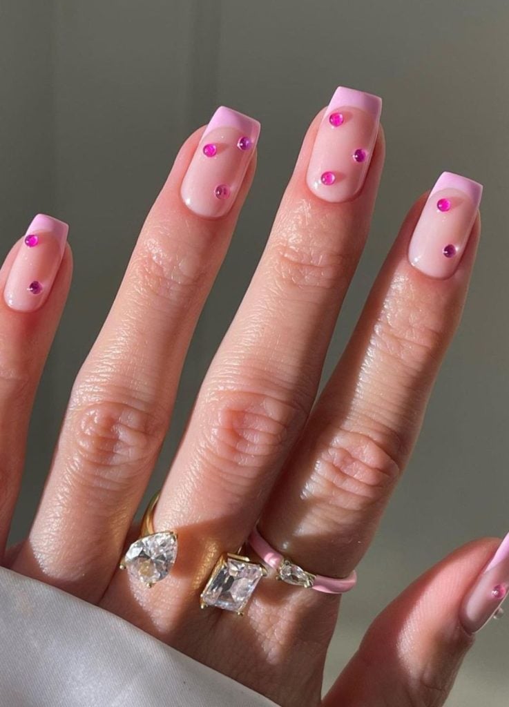 Medium French Almond Nails With Pink Dots — Pink Nail Colors