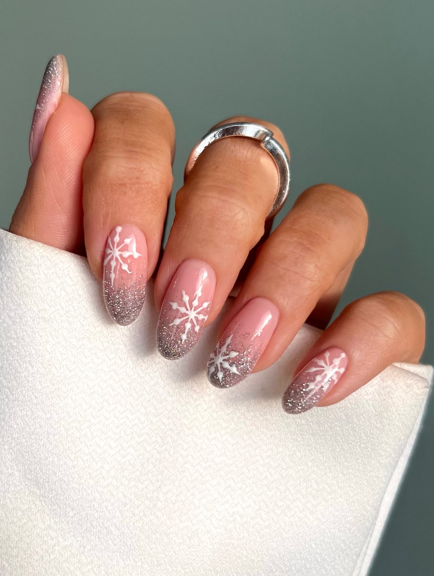 Pink Ombre Glitter Snowflake Almond Nails