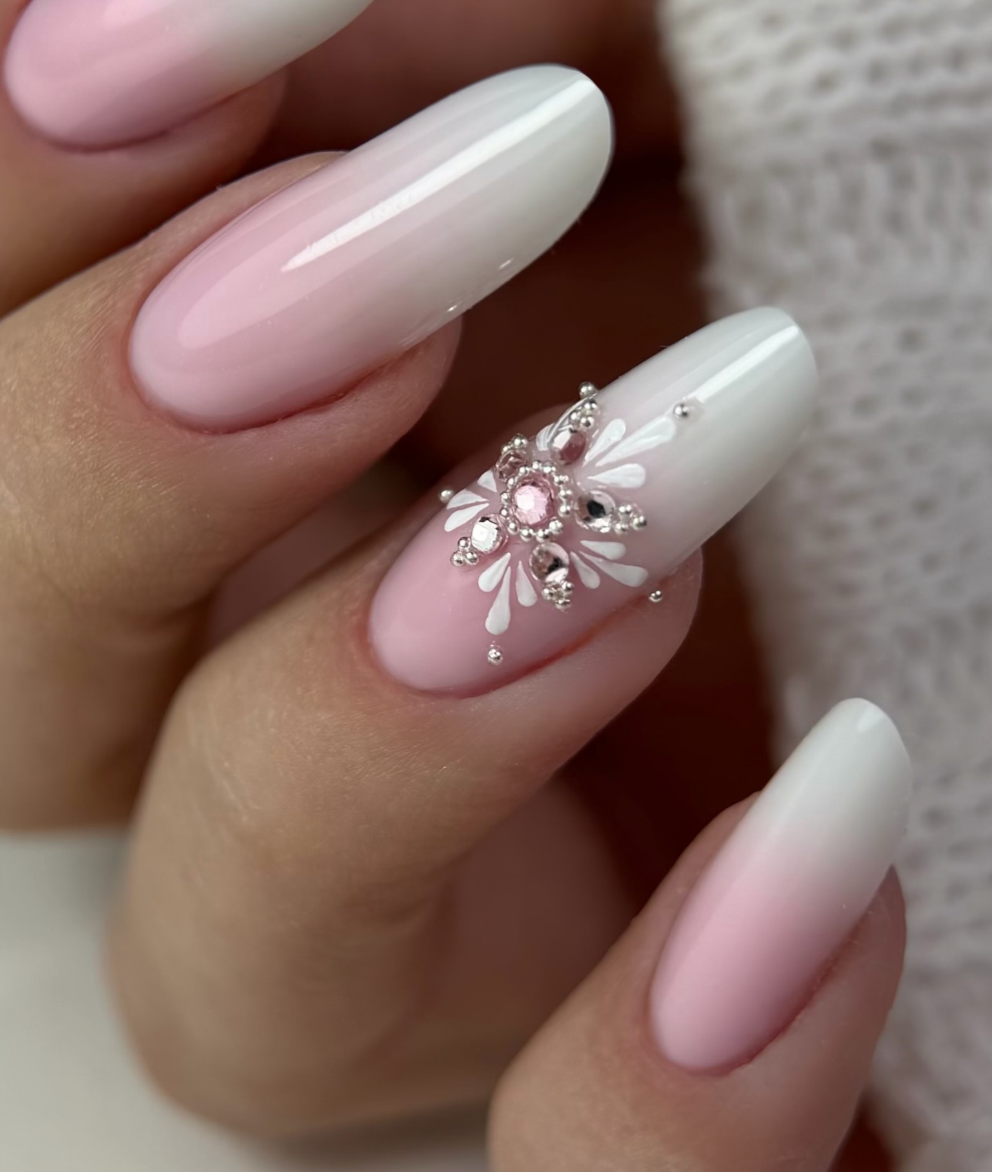 Pink Ombre Oval Nails with Snowflake Gem Art