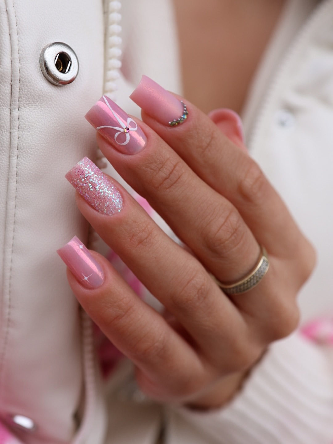 Pink Pearl Bow & Glitter Accent Square Nails