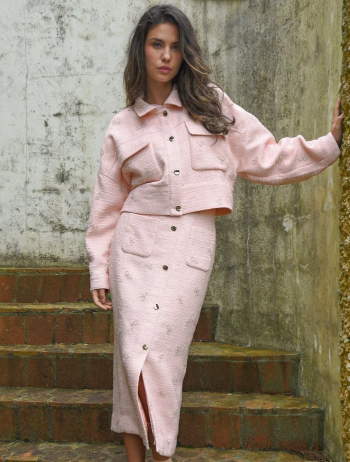 Light Pink Tweed Midi Skirt with Matching Cropped Jacket — Pink Skirt Outfit