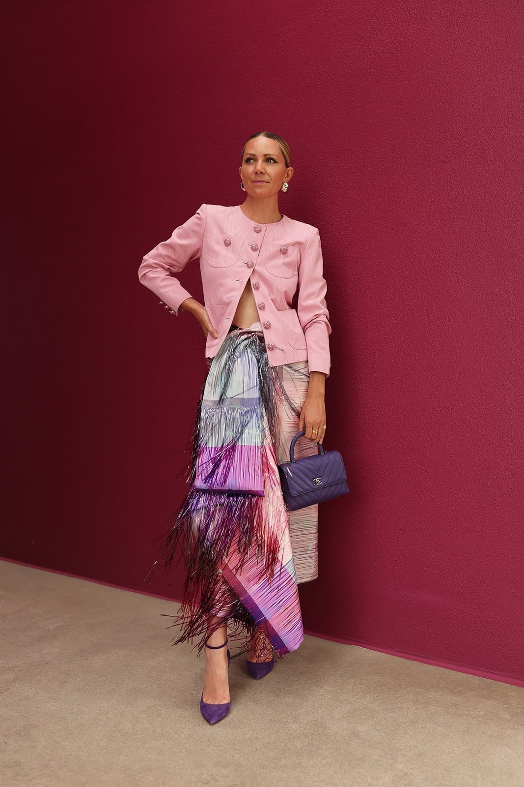 Multi-colored Fringe Midi Skirt with Pink Cropped Jacket — Pink Skirt Outfit