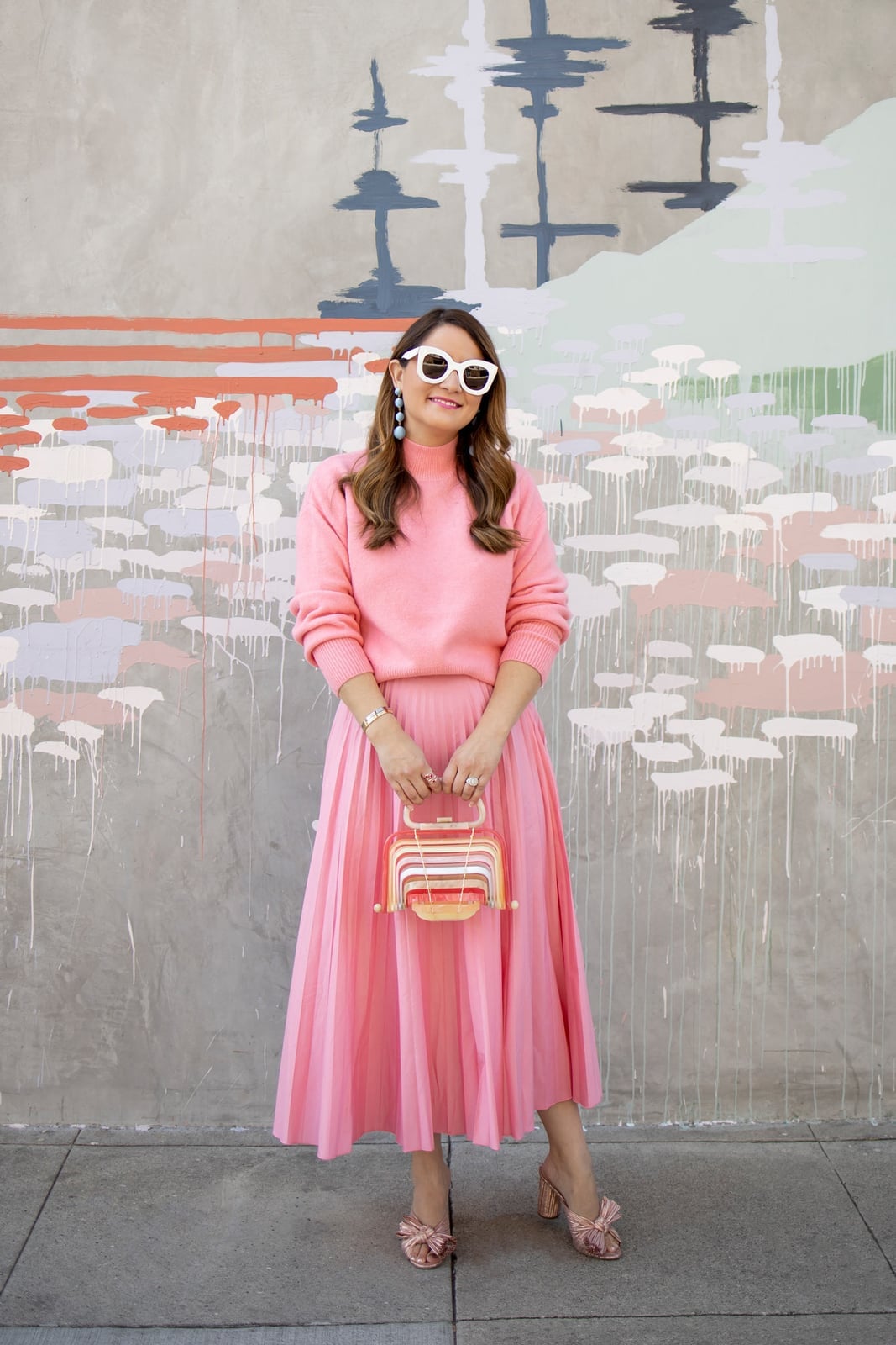 Pink Pleated Midi Skirt with Matching Pink Sweater — Pink Skirt Outfit