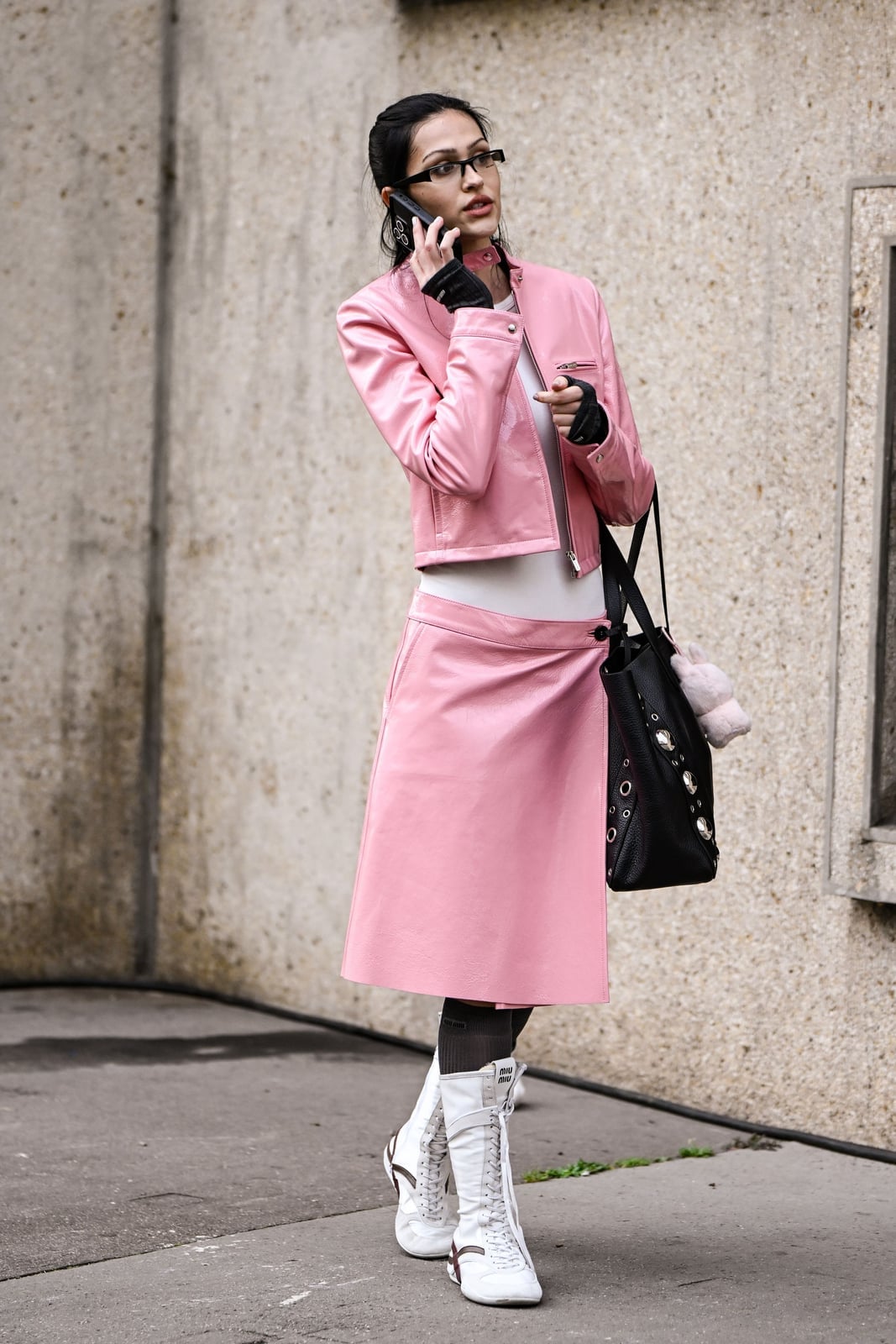 Pink Leather Midi Skirt with Matching Leather Jacket — Pink Skirt Outfit