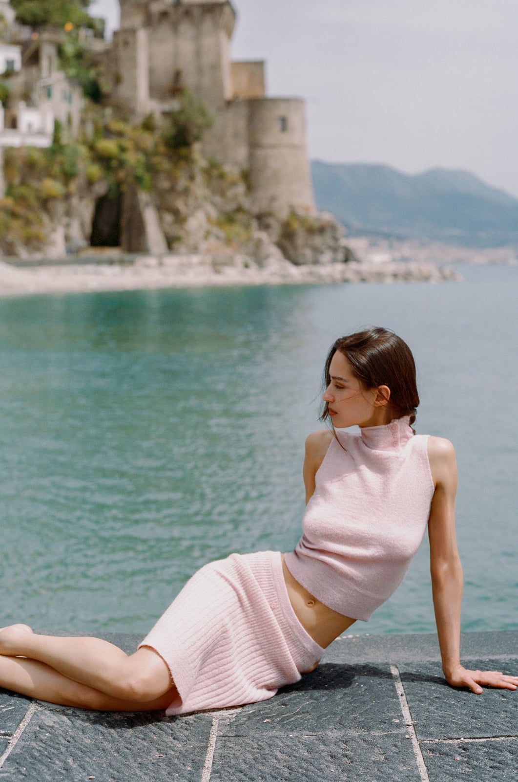 Pale Pink Knit Midi Skirt and Matching Sleeveless Top, Close-Up Take — Pink Skirt Outfit