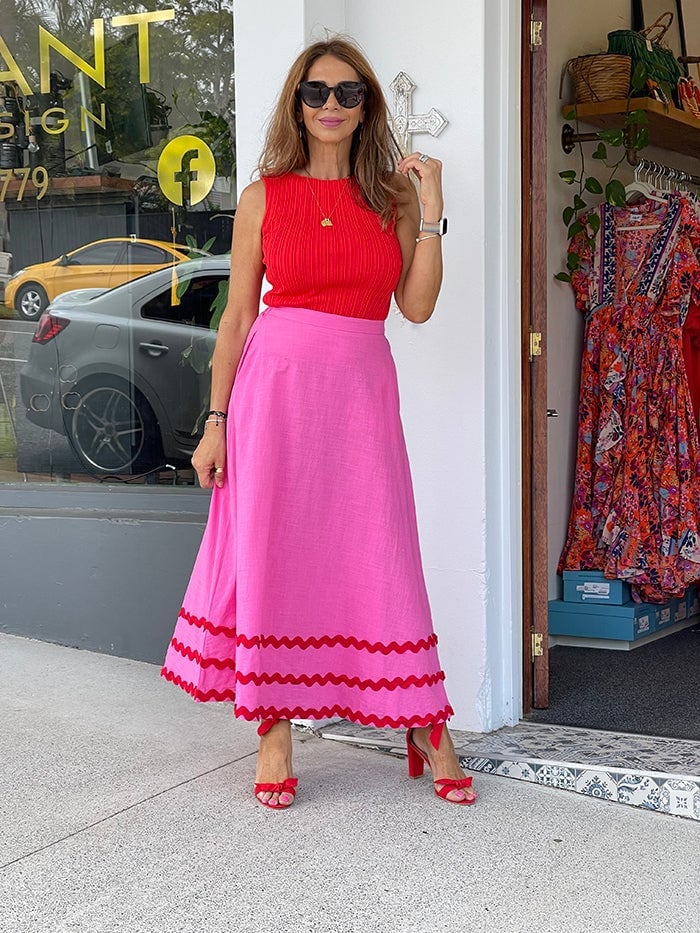 Flowy Pink Maxi Skirt with Red Ric Rac Trim, Office-Safe Version — Pink Skirt Outfit