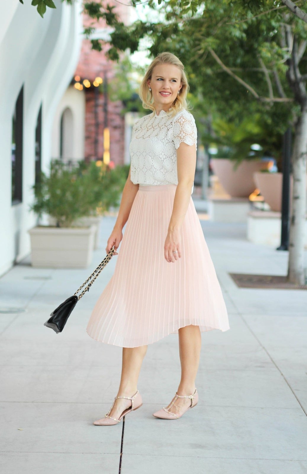 Pale Pink Pleated Midi Skirt with White Lace Top, Office-Safe Version — Pink Skirt Outfit